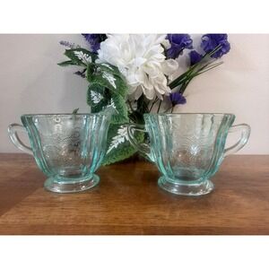 Vintage‎ Indiana Glass Recollections Aqua Teal Creamer Sugar Bowl Set UV Glow